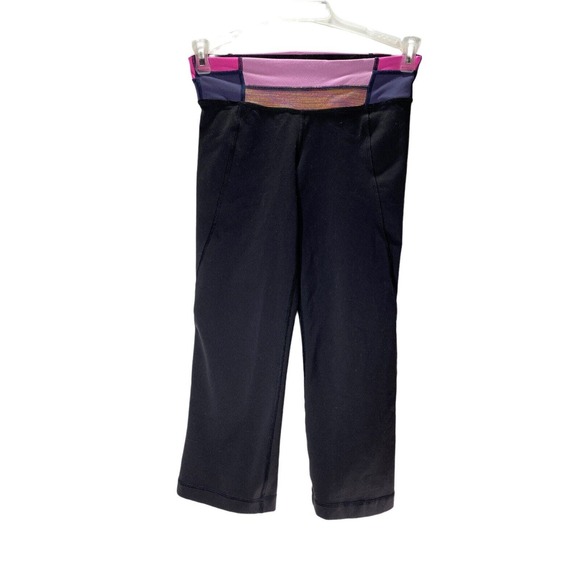 Lululemon Wunder Under Crop Leggings Size 2 Skinny Black Pink Striped Band - Picture 1 of 9